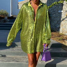 Load image into Gallery viewer, Sequin Ruched Oversized Cuff Shirt Dress
