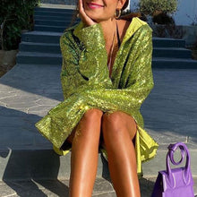 Load image into Gallery viewer, Sequin Ruched Oversized Cuff Shirt Dress