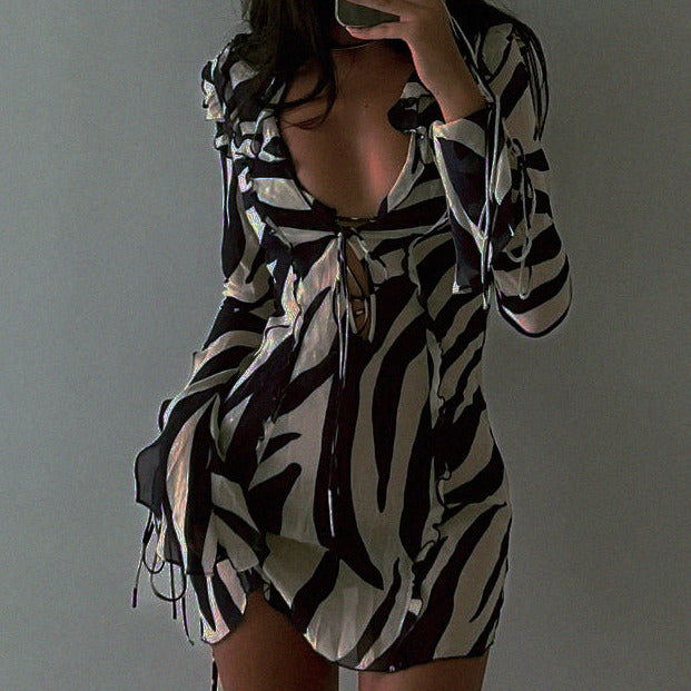 Long Sleeve Bodycon Mini Beach Dress in Zebra Print