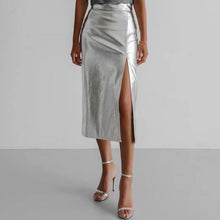 Load image into Gallery viewer, Metallic Front Slit High Waist Midi Skirt
