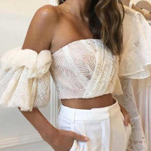 Load image into Gallery viewer, Off Shoulder Embroidery Ruffles Flare Sleeve Top
