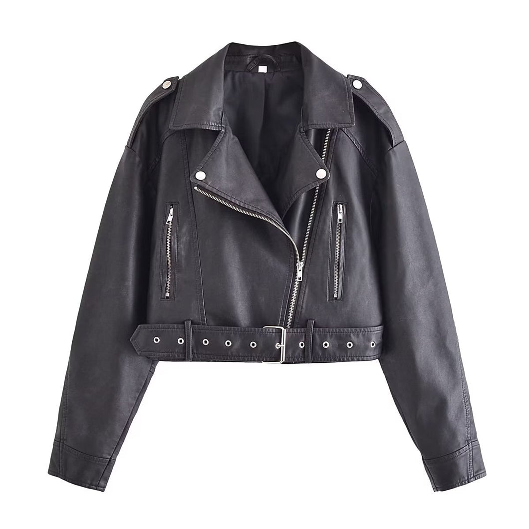 Oversized Faux Leather Crop Biker Jacket