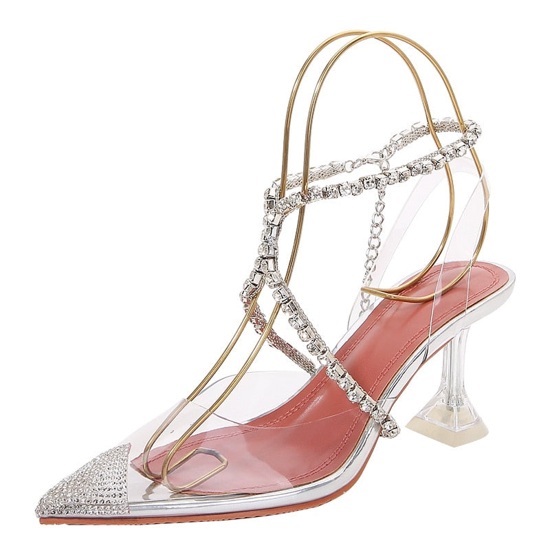 Rhinestone Decor Clear Point Toe Heels