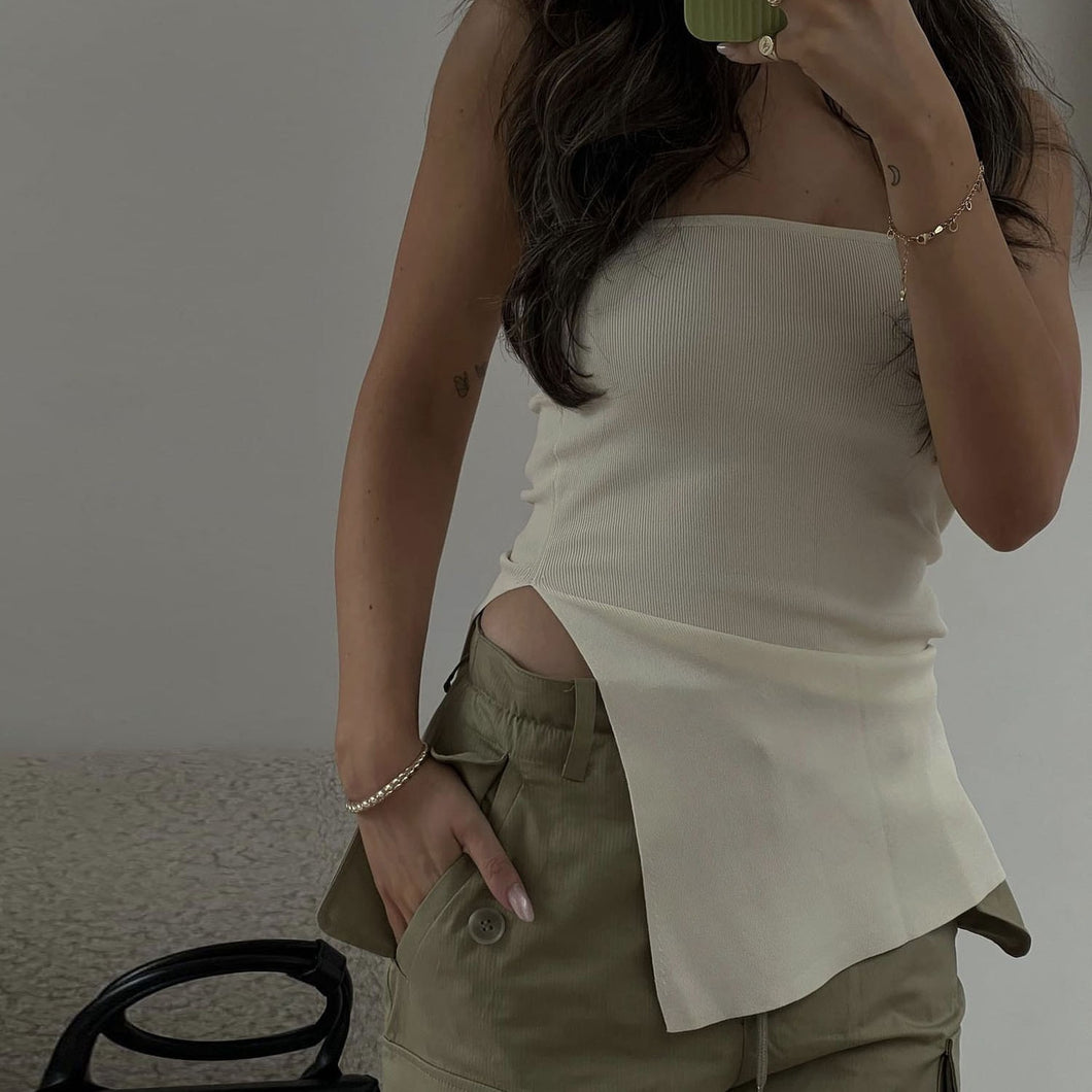 Ribbed Knit Split Hem Bandeau Top