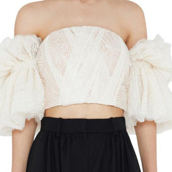 Off Shoulder Embroidery Ruffles Flare Sleeve Top