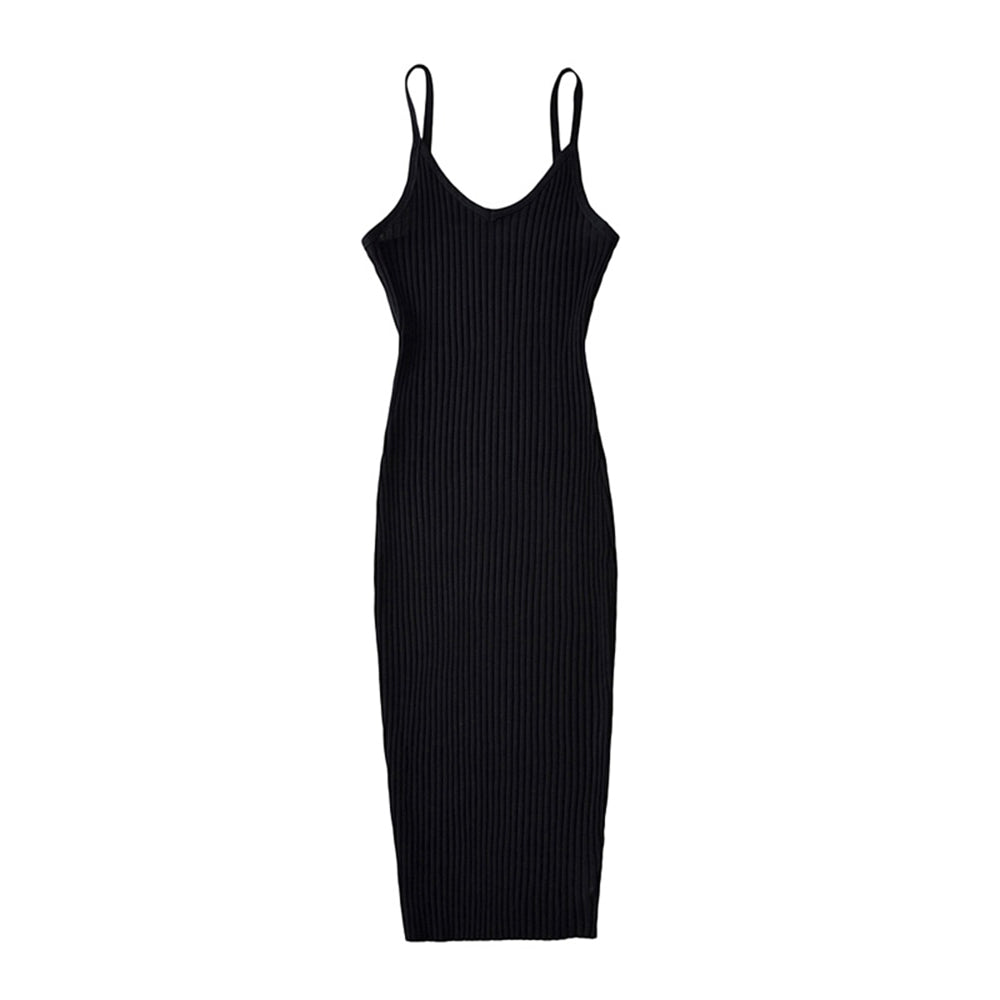 Ribbed Sleeveless V Neck Bodycon Midi Dress