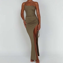 Load image into Gallery viewer, One Shoulder Strap Thigh High Split Bodycon Maxi Dress
