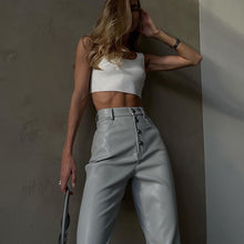 Load image into Gallery viewer, PU Leather High Rise Button Up Straight Leg Trousers
