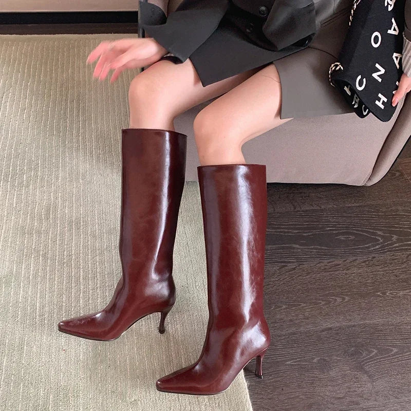 Leather Heeled Knee High Boots