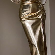 Load image into Gallery viewer, Metallic Front Slit High Waist Midi Skirt
