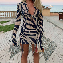 Load image into Gallery viewer, Long Sleeve Bodycon Mini Beach Dress in Zebra Print
