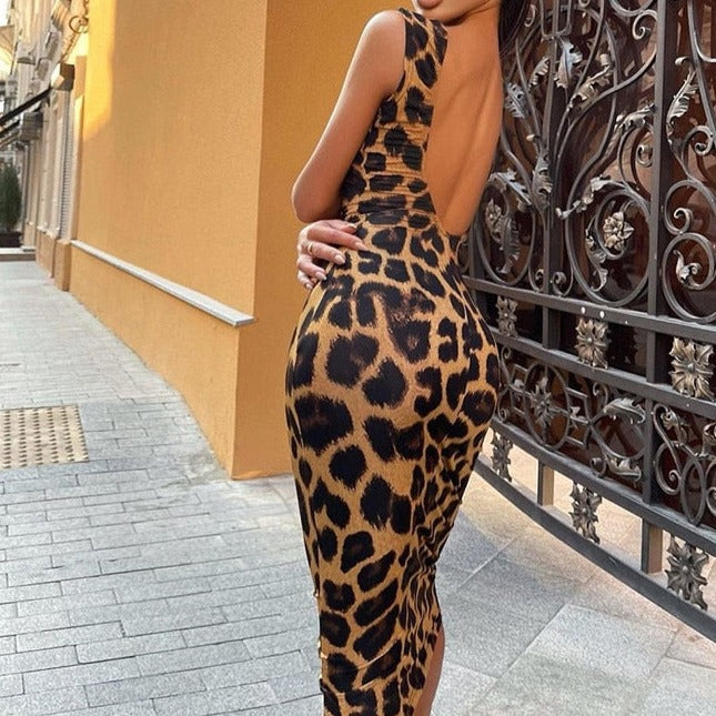 Leopard Print Backless Bodycon Dress