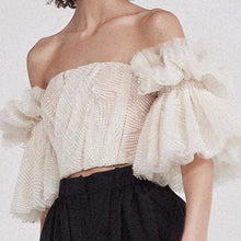 Load image into Gallery viewer, Off Shoulder Embroidery Ruffles Flare Sleeve Top

