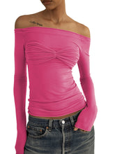 Load image into Gallery viewer, Mesh Off Shoulder Long Sleeve Ruched Top
