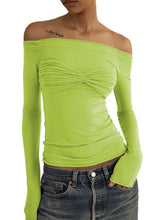 Load image into Gallery viewer, Mesh Off Shoulder Long Sleeve Ruched Top
