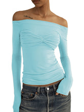 Load image into Gallery viewer, Mesh Off Shoulder Long Sleeve Ruched Top
