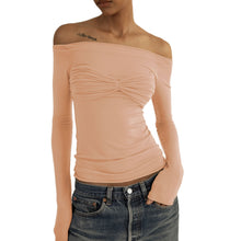 Load image into Gallery viewer, Mesh Off Shoulder Long Sleeve Ruched Top
