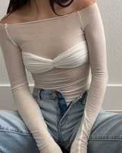 Load image into Gallery viewer, Mesh Off Shoulder Long Sleeve Ruched Top
