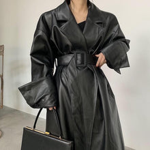 Load image into Gallery viewer, Black Faux Leather Oversized Midi Trench Coat
