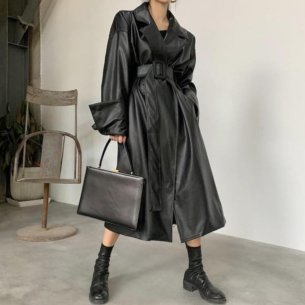 Black Faux Leather Oversized Midi Trench Coat