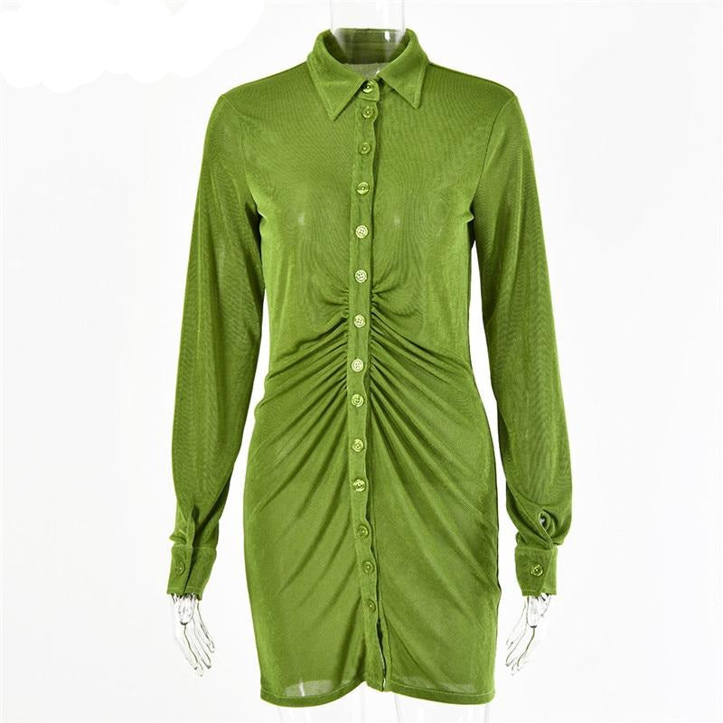 Green Ruched Button Down Dress Silistro Green Ruched Button Down Dress Silistro