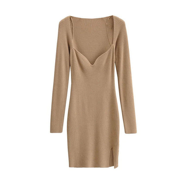 Rib Knit Long Sleeve High Stretch Bodycon Dress