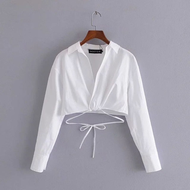 White Cotton Cropped Tie Waist Shirt