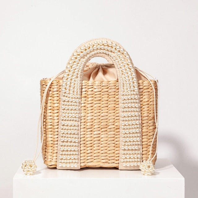 Pearl Detail Beaded Straw Bag