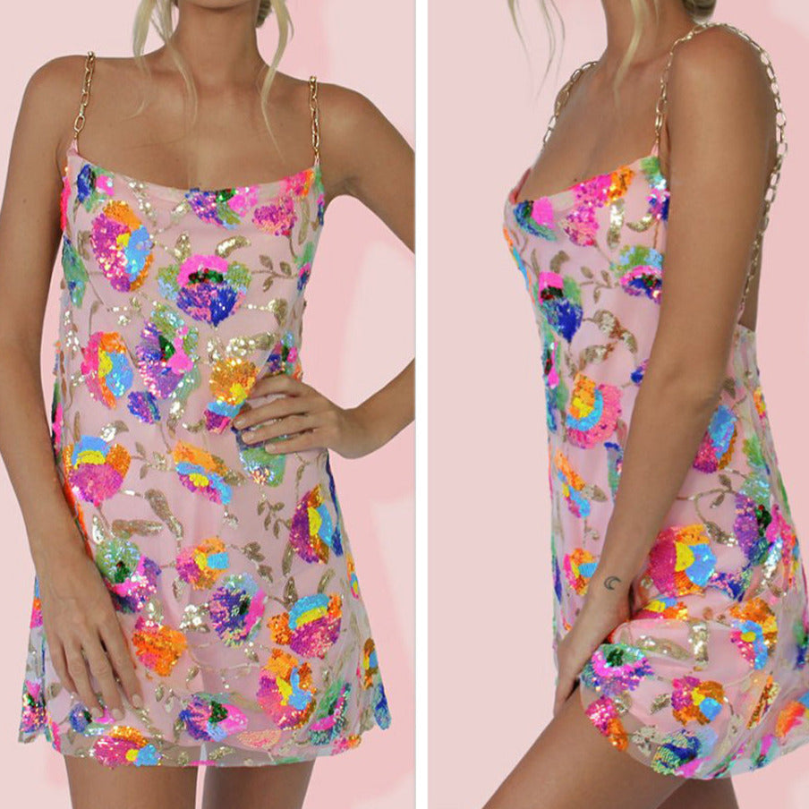 Sequin Chain Straps Backless Mini Dress