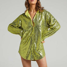 Load image into Gallery viewer, Sequin Ruched Oversized Cuff Shirt Dress
